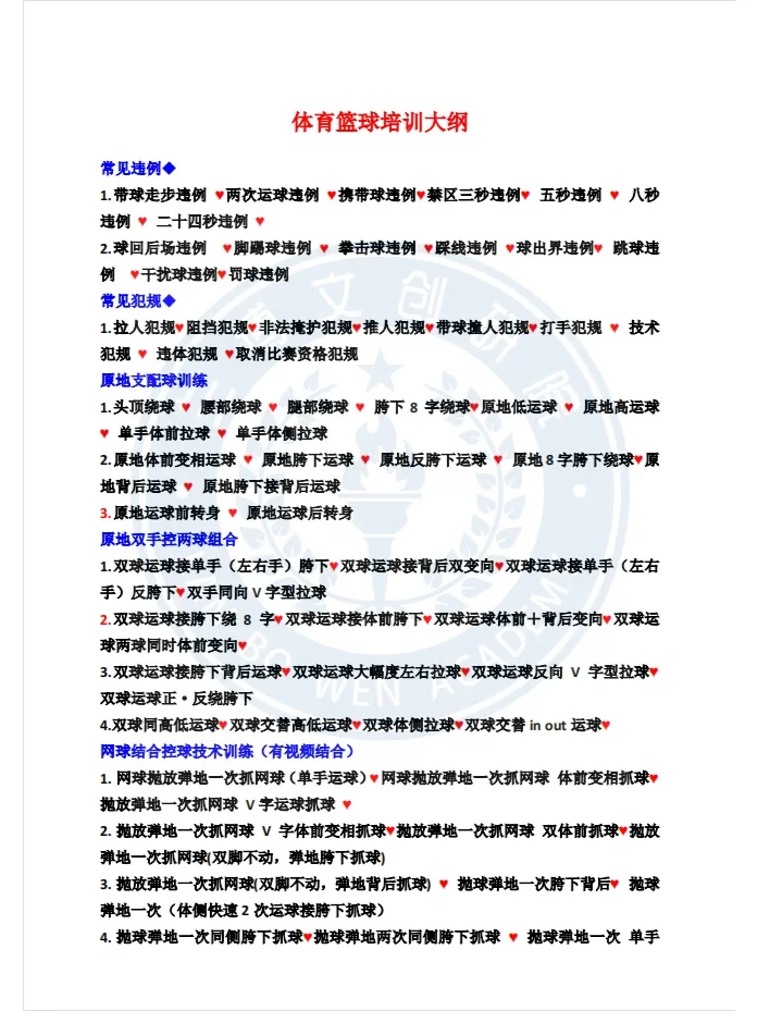 中国青少年篮球训练大纲内容